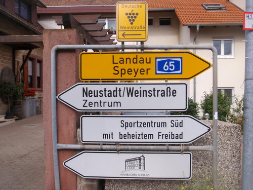 Signage for the Hambach Area, Hambacher Schloss, and Weinstra&szlig;e.